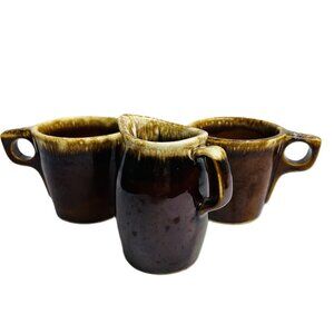 Hull Brown Drip Glaze Creamer & TWO O-Ring Mugs Vintage Farmhouse Pottery USA